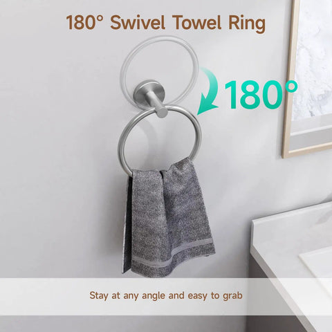 Brushed Nickel 4 Piece Bathroom Accessories Set, Wall Mounted, 180° Swivel Towel Ring with Steel Bath Hardware