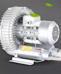 Heavy Duty Single Phase Turbine Blower Pulling Massive Airflow, 110V 120W Regenerative Vacuum Pump with silver housing.