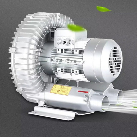 Heavy Duty Single Phase Turbine Blower Pulling Massive Airflow, 110V 120W Regenerative Vacuum Pump with silver housing.