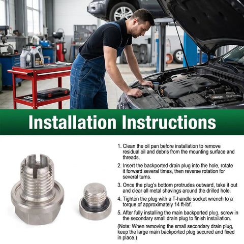 Upgrade Your Ride With This Heavy Duty M14x1.5 Piggyback Oil Drain Plug Made From Stainless Steel That Fixes Oversized Threads And Stops Leaks Like A Boss For Any Car Or Truck Engine Repair Job. Installation instructions showing stainless steel M14.1mm piggyback oil drain plug and small insert