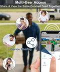 Illustration of Doorbell Camera Wireless With Chime 2K HD Video AI Motion Detection Two Way Audio Night Vision Cloud Storage Battery Powered Compatible With Alexa 2.4G WiFi Easy Setup For Your Porch Security showing multi-user access on a smartphone screen.