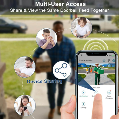 Illustration of Doorbell Camera Wireless With Chime 2K HD Video AI Motion Detection Two Way Audio Night Vision Cloud Storage Battery Powered Compatible With Alexa 2.4G WiFi Easy Setup For Your Porch Security showing multi-user access on a smartphone screen.