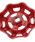Top view of red cast iron shut off valve knob for water fittings gate ball valve, brass construction, flat bottom brass handle.
