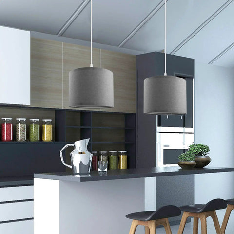Plug In Pendant Light With 15 Ft Cord And Easy On Off Switch Gray Fabric Shade Hanging Light Fixture in modern kitchen