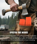 Tree felling wedges (orange plastic) with two wedges visible in a brown leather tool belt pocket outdoors