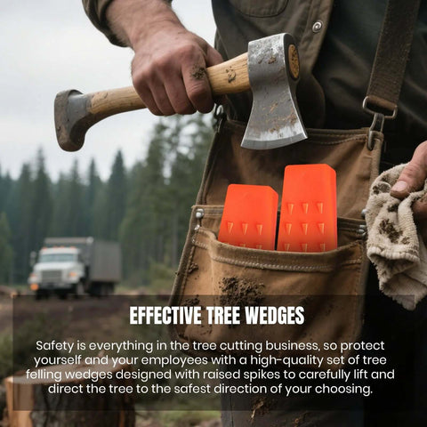 Tree felling wedges (orange plastic) with two wedges visible in a brown leather tool belt pocket outdoors