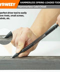 Using Five-Piece Nail Setter And Center Punch Kit With Dual Head Nail Sets, Spring Loaded Hole Punch, Hinge Pin Remover on metal bar