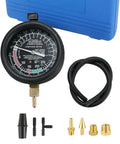 Front view of DASBET car vacuum and fuel pump tester gauge kit with black gauge, blue carrying case, hose, and brass adapters