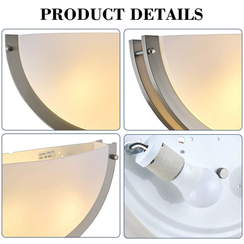 Lifora Hay 2-Light Indoor Wall Sconce 16 inch, Half Moon Wall Light Fixture close-up of brushed nickel frame and frosted shade