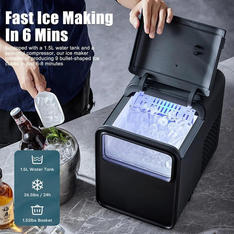 Countertop Ice Maker Brings Major Chill Vibes With A Heavy Duty 26 Pound Daily Output Of Bullet Cubes In Just Six Minutes Plus Self Cleaning Ease And Dual Size Choices For Effortless Home Or Party Flow.