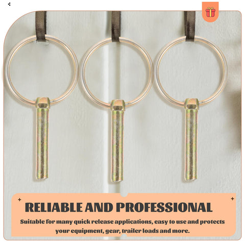 Three heavy duty galvanized lynch pins with ring shaft locking pins for farm tractors, trailers, trucks, and mowers on display.