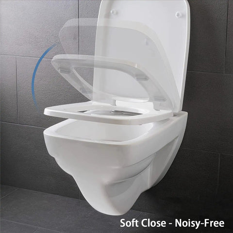 Built Tough White Square Toilet Seat With Soft Close Slow Closing Lid Crafted From Scratch Proof Urea Resin Plus Stainless Adjustable Hinges open.