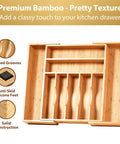 Straight Up Expandable Bamboo Kitchen Drawer Organizer With 2.5 Inch Elevated Sides And Curved Grooves showing curved grooves and anti-skid feet.