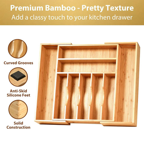 Straight Up Expandable Bamboo Kitchen Drawer Organizer With 2.5 Inch Elevated Sides And Curved Grooves showing curved grooves and anti-skid feet.