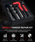 Kolvoii M10x1.0 Helicoil thread repair kit in a black case; metal drill bit, taps, and red-handled tools.