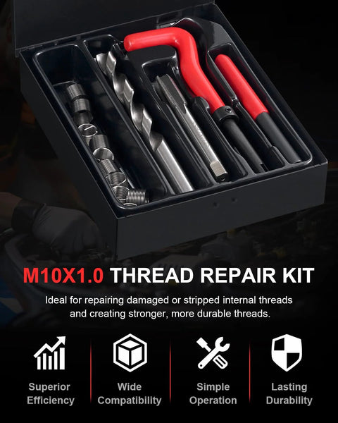 Kolvoii M10x1.0 Helicoil thread repair kit in a black case; metal drill bit, taps, and red-handled tools.