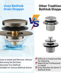Comparison of Universal Bathtub Drain Stopper Fits 1.5 To 1.72 Regular Drains vs traditional stoppers, highlighting easy installation.