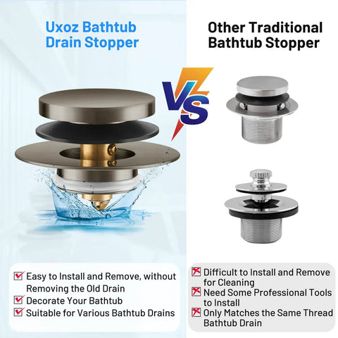 Comparison of Universal Bathtub Drain Stopper Fits 1.5 To 1.72 Regular Drains vs traditional stoppers, highlighting easy installation.