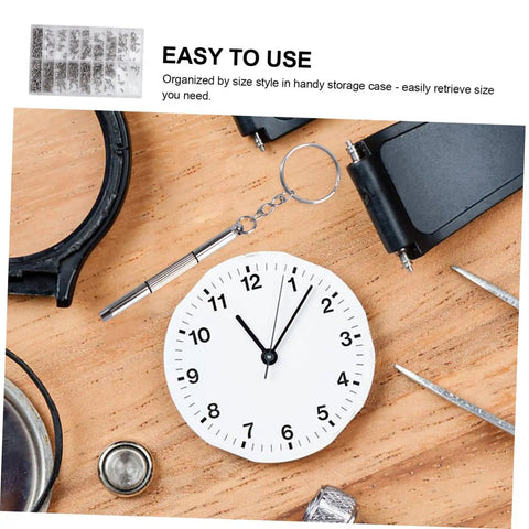 Close-up of 1000 pcs sunglasses repair screws kit with storage case, tools, and clock for eyeglasses, watches, and jewelry repairs.