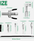 9 Piece Grease Gun Fittings Kit With 90 Degree Coupler Lock Clamp Nozzle Cleaner showing all parts and measurements