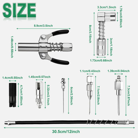 9 Piece Grease Gun Fittings Kit With 90 Degree Coupler Lock Clamp Nozzle Cleaner showing all parts and measurements