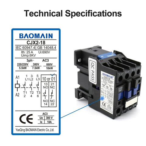 3 Pole AC Contactor CJX2-1801 110V Coil with technical specifications and CE certification