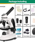 Kids And Adults Microscope Kit With 40X To 2000X Magnification, Dual LED Illumination, showing components and accessories included
