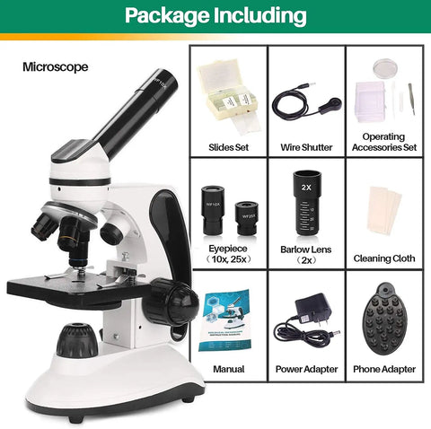 Kids And Adults Microscope Kit With 40X To 2000X Magnification, Dual LED Illumination, showing components and accessories included