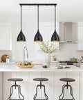 Three Light Kitchen Island Pendant Fixture For That Dope Industrial Farmhouse Vibe With Matte Black Metal Bell Shade And Golden Accents