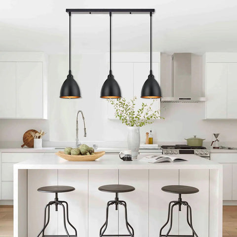 Three Light Kitchen Island Pendant Fixture For That Dope Industrial Farmhouse Vibe With Matte Black Metal Bell Shade And Golden Accents