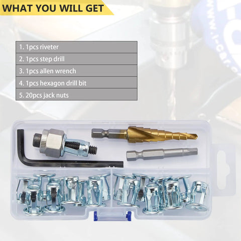 1/4-20 Jack Nuts With Install Tool Kit For Plastic Wood And Hardboard Rivnuts Nutserts in clear box with tools