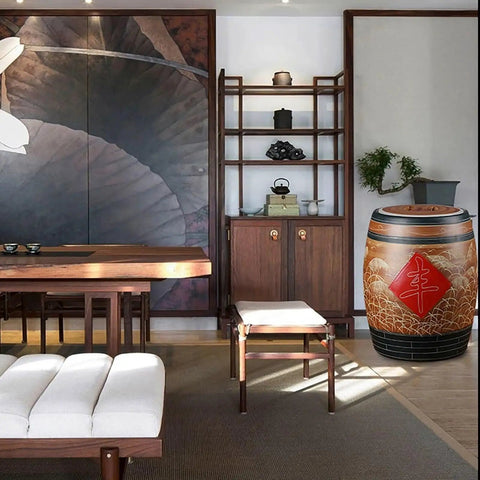 Chinese Style Ceramic Rice Jar With Airtight Lid And Silicone Ring Moistureproof Food Storage Container displayed in a modern kitchen.