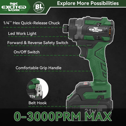 Side view of 21V Brushless Impact Screwdriver Kit With 230Nm Torque, Cordless Driver Set, built-in LED, quick-change chuck.