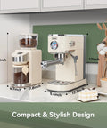 Top Shelf 20 Bar Espresso Machine With Built In Conical Burr Anti Static Grinder For Rich Crema And Powerful Milk Frothing System For Real Deal Home Barista Setup displayed on a countertop with dimensions.
