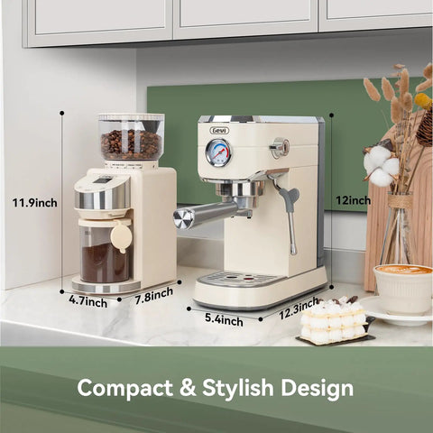 Top Shelf 20 Bar Espresso Machine With Built In Conical Burr Anti Static Grinder For Rich Crema And Powerful Milk Frothing System For Real Deal Home Barista Setup displayed on a countertop with dimensions.
