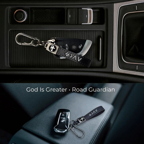 Legit Faith Driven Christian Cross Leather Keychain For Men, Heavy Duty Faux Leather Key Ring on car console with keys.