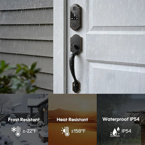 Rock Solid Slick Fingerprint Smart Front Door Lock Set Featuring Keyless Entry Handle Setup And Smooth Touchscreen Keypad With Seamless Bluetooth App Access And Heavy Duty Deadbolts Finished In Oil Rubbed Bronze on a wet door.