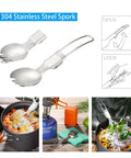 304 stainless steel spork from 6-Piece Camping Cookware Mess Kit with Lightweight Aluminum Nonstick Pots, Foldable Camp Stove, Spork and Carry Bag