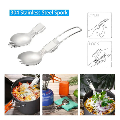 304 stainless steel spork from 6-Piece Camping Cookware Mess Kit with Lightweight Aluminum Nonstick Pots, Foldable Camp Stove, Spork and Carry Bag