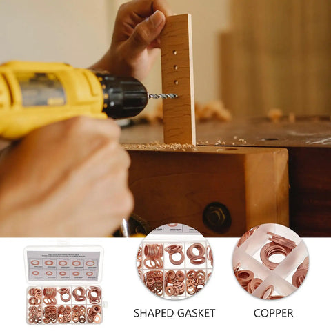 Grab This Insane 200 Piece Copper Crush Washer Assortment Kit Perfect For Plumbing And Cars To Stop Leaks Dead In Their Tracks With Smooth Shine Rings That Seal Tight And Won't Loosen Over Time.. 200-piece copper crush washer kit in storage case, shown with drill and wood