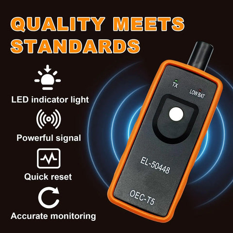 Professional Grade Tpms Tire Pressure Sensor Relearn Tool Compatible With El 50448 Oec T5 For General Motors Vehicles 315 Megahertz 433 Megahertz, featuring LED indicator and reset functions.