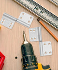 Six Pack Detachable Lift Off Door Hinges For Cabinets, Small Gates, And Indoor Use, with drill and screws on wooden surface.