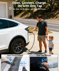 Man demonstrating Tesla Ready Portable Level 1 And Level 2 EV Charger With 16A Output 25 Foot Cable NACS Connector on Tesla SUV