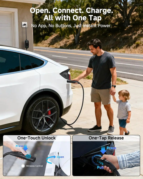 Man demonstrating Tesla Ready Portable Level 1 And Level 2 EV Charger With 16A Output 25 Foot Cable NACS Connector on Tesla SUV
