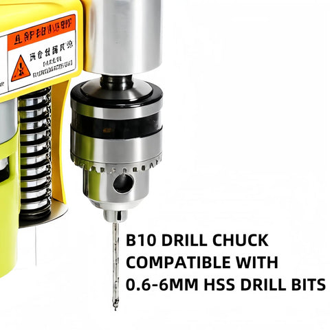 Close-up of Handy Portable Mini Benchtop Drill Press With Seven Speed Control, showing B10 chuck fitting 0.6 to 6 mm bits