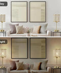 Day and night view of Crystal Touch Control Table Lamps with USB-C and USB-A Charging Ports, dimmable in a living room setting.