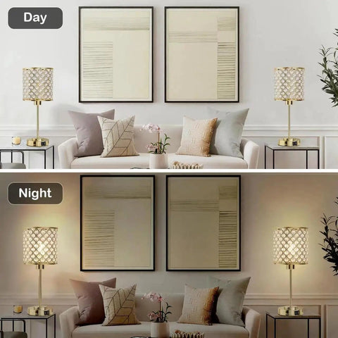 Day and night view of Crystal Touch Control Table Lamps with USB-C and USB-A Charging Ports, dimmable in a living room setting.