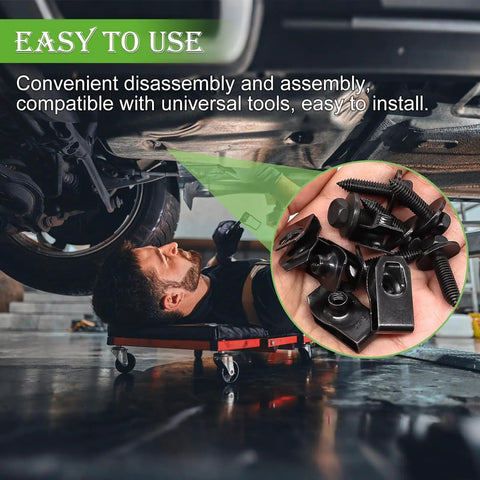 Mechanic using 50 Pcs One Quarter Inch U Nut Clips And Hex Head Automotive Body Bolts Kit under car engine cover.