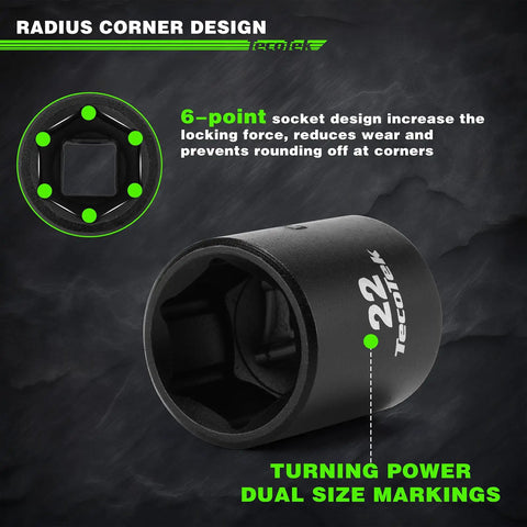 Radius corner design of 30-Piece Half Inch Drive Shallow Metric Impact Socket Set With Chrome Moly Steel, 10mm To 36mm, 6 Point