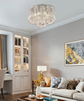 Crystal Raindrop Drum Chandelier Light Flush Mount LED Ceiling Fixture in living room, 16 inch diameter, 12 inch height.